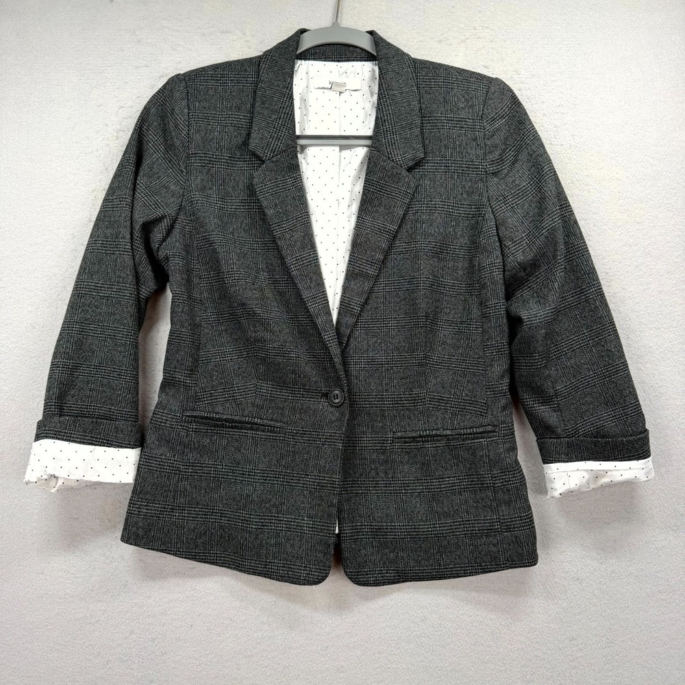 Kensie Blazer‎ Jacket Womens XS Gray Plaid Formal Cuffed Sleeve Single Breasted